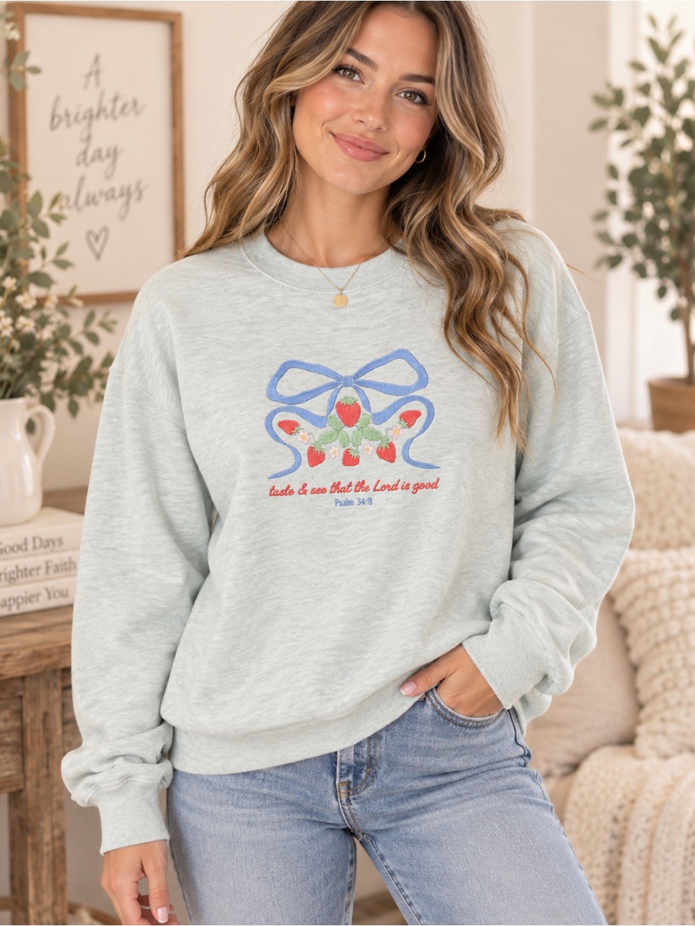 Christian Strawberry Bow Graphic Sweatshirt Psalm 34:8 Faith Crewneck. Oversized